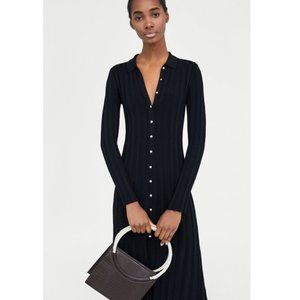 Zara Black Stretch Ribbed Polo Midi Dress, S